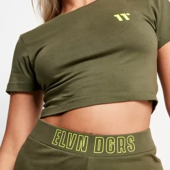 11 Degrees Back Print Cropped Slim Fit Short Sleeve T-Shirt – Khaki