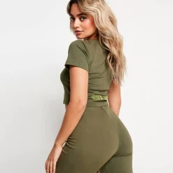 11 Degrees Back Print Cropped Slim Fit Short Sleeve T-Shirt – Khaki