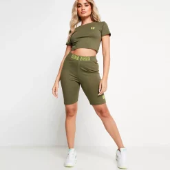 11 Degrees Back Print Cropped Slim Fit Short Sleeve T-Shirt – Khaki