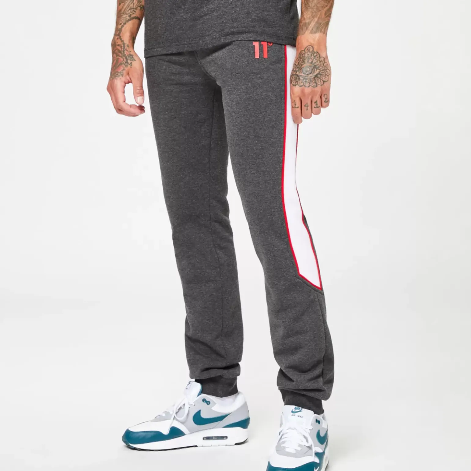 11 Degrees Cut & Sew Colour Block Piped Regular Fit Joggers – Black Marl / White / Goji Berry Red