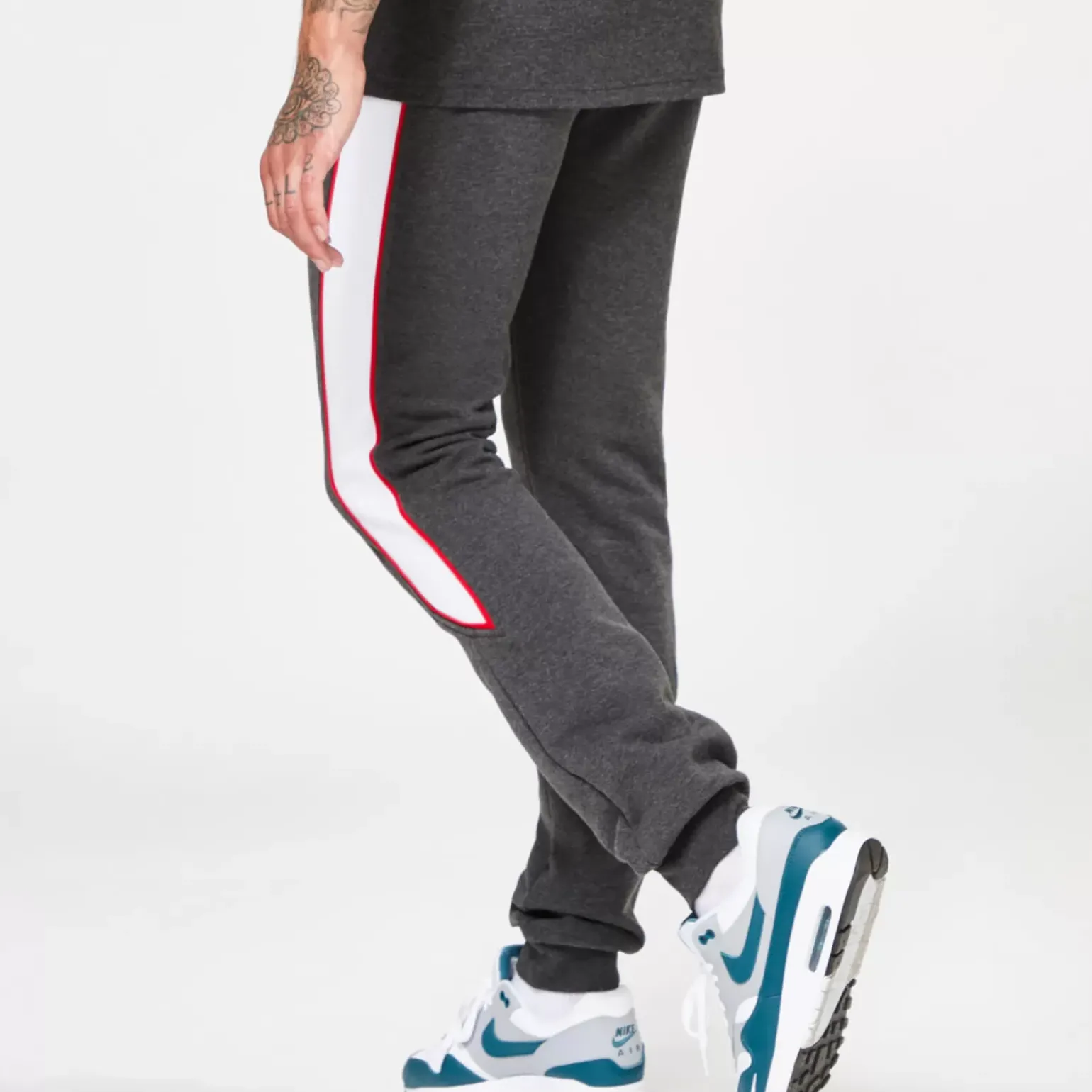 11 Degrees Cut & Sew Colour Block Piped Regular Fit Joggers – Black Marl / White / Goji Berry Red
