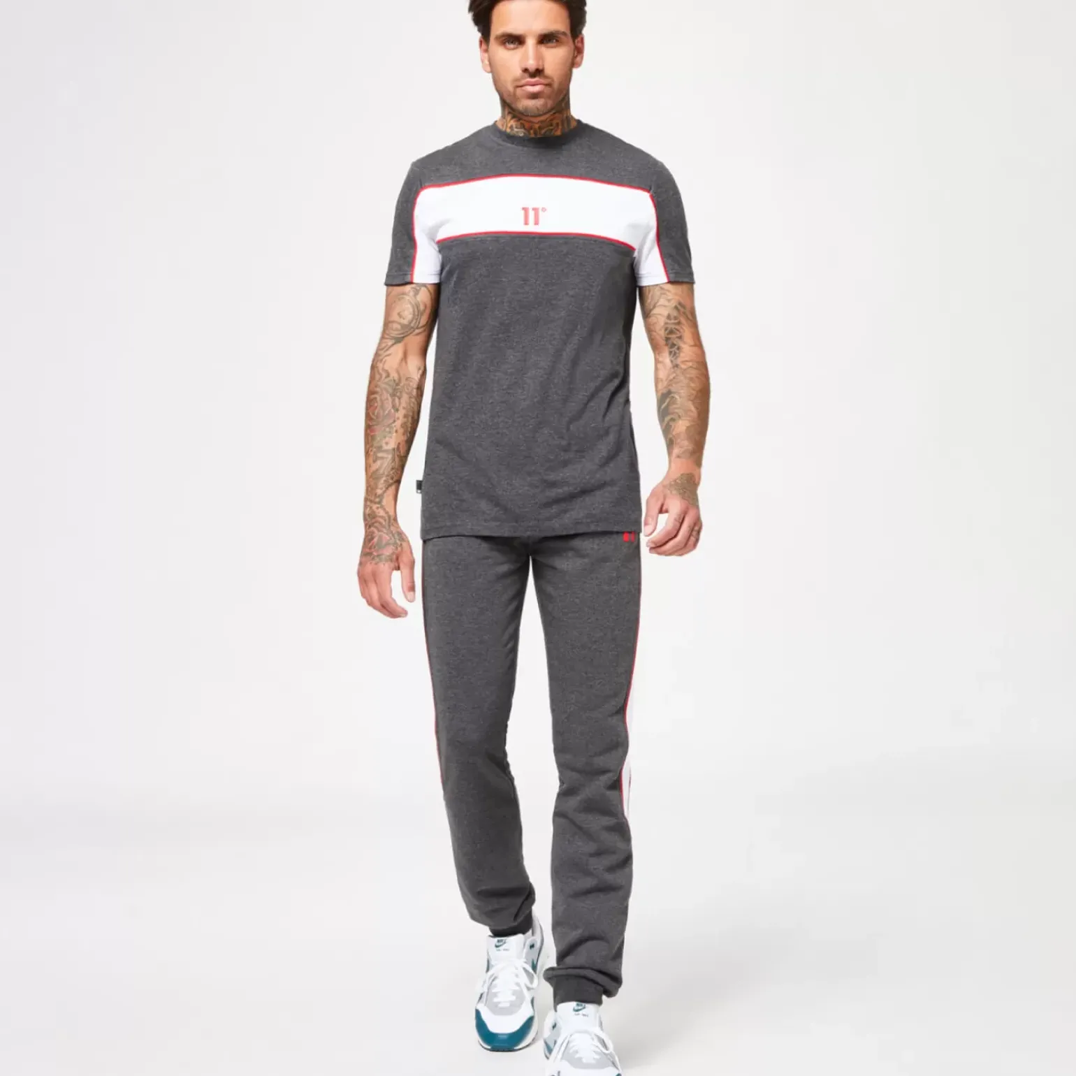 11 Degrees Cut & Sew Colour Block Piped Regular Fit Joggers – Black Marl / White / Goji Berry Red