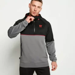 11 Degrees Cut And Sew Piped Quarter Zip Track Top With Hood – Black/Charcoal/Ski Patrol Red