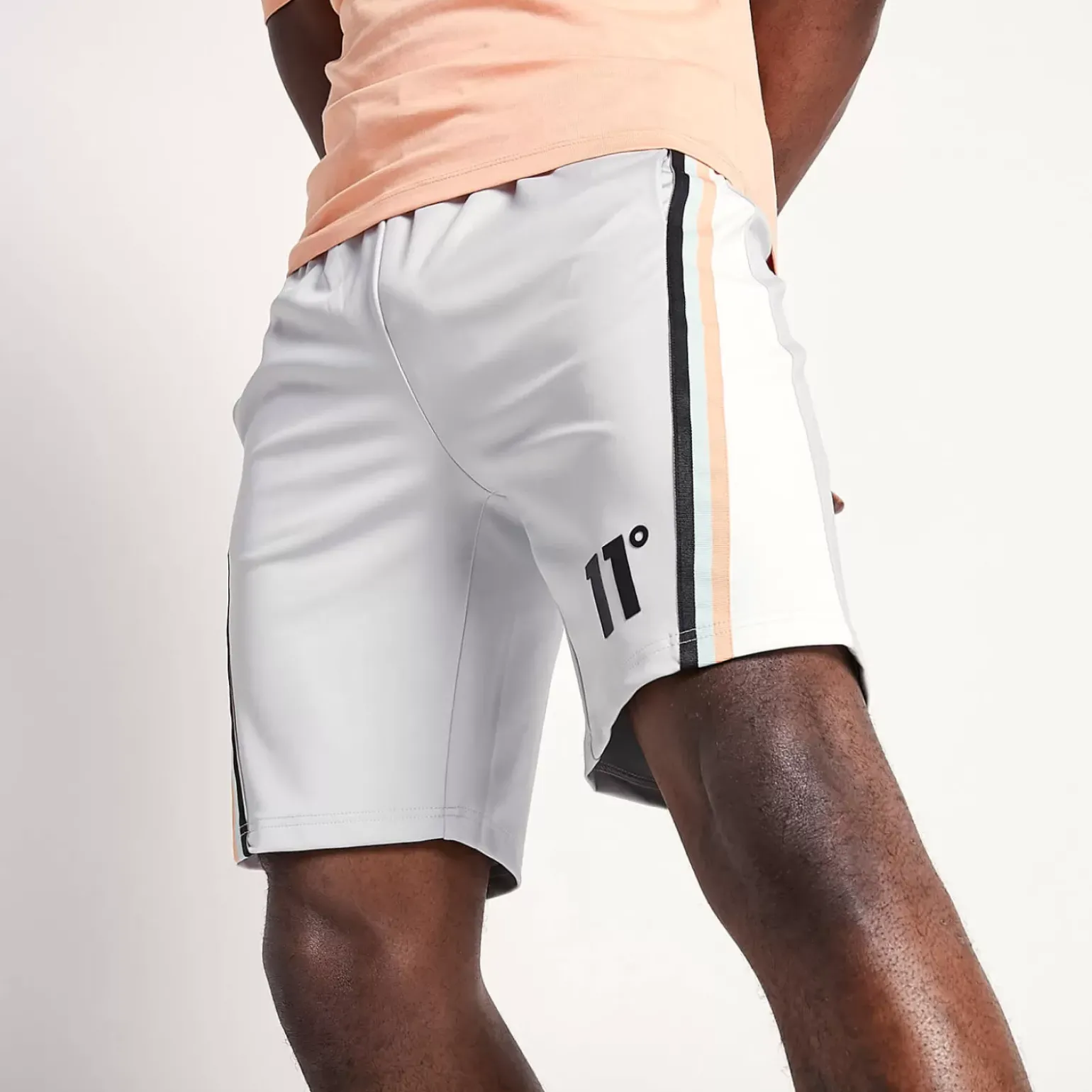 11 Degrees Cut And Sew Tape Detail Poly Shorts – Vapour Grey / White