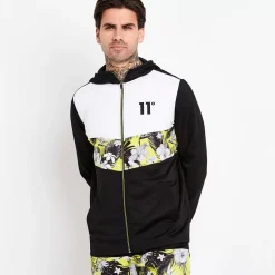 11 Degrees Floral Chevron Cut And Sew Full Zip Poly Track Top With Hood – Black / White / Yellow
