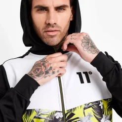 11 Degrees Floral Chevron Cut And Sew Full Zip Poly Track Top With Hood – Black / White / Yellow