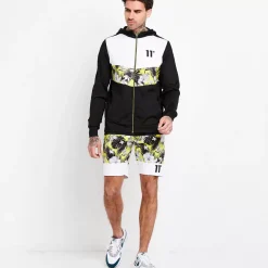 11 Degrees Floral Chevron Cut And Sew Full Zip Poly Track Top With Hood – Black / White / Yellow