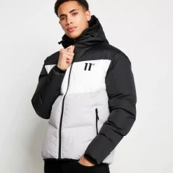 11 Degrees Large Panelled Colour Block Puffer Jacket – Black/White/Vapour Grey