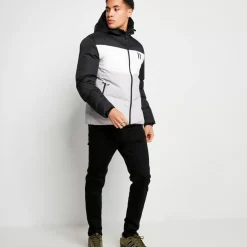 11 Degrees Large Panelled Colour Block Puffer Jacket – Black/White/Vapour Grey