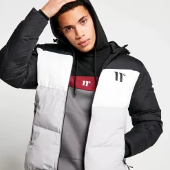 11 Degrees Large Panelled Colour Block Puffer Jacket – Black/White/Vapour Grey