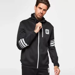 11 Degrees Men'S Stripe Print Track Top With Hood - Black/Silver Reflective
