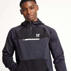 11 Degrees Mixed Fabric Quarter Zip Track Top With Hood – Navy/Black