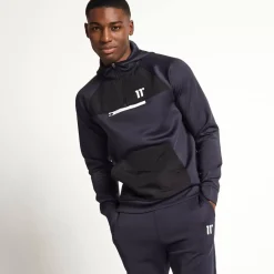 11 Degrees Mixed Fabric Quarter Zip Track Top With Hood – Navy/Black