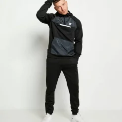 11 Degrees Mixed Fabric Quarter Zip Track Top With Hood – Black/Charcoal