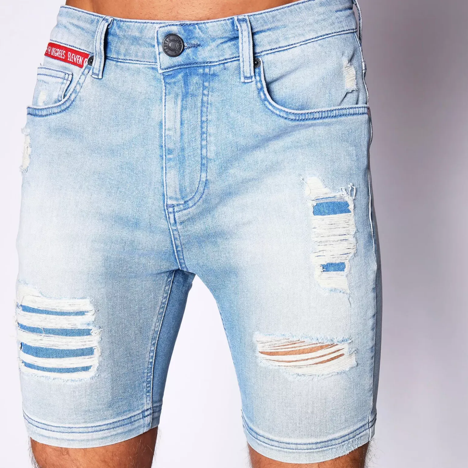 11 Degrees Rip And Repair Skinny Shorts – Stone Wash