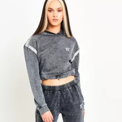 11 Degrees Womens Acid Wash Cropped Reflective Pullover Hoodie – Black