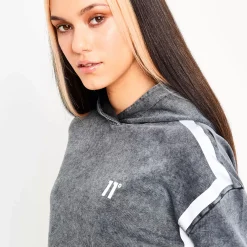 11 Degrees Womens Acid Wash Cropped Reflective Pullover Hoodie – Black