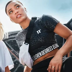 11 Degrees Womens Animal Print Slim Fit T-Shirt – Black