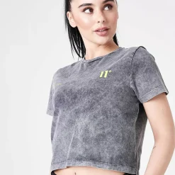 11 Degrees Womens Ben Nicky Acid Wash Cropped T-Shirt – Black Acid Wash / Lime Green