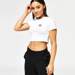11 Degrees Womens Corset Cover Stitch Cropped Short Sleeve T-Shirt – White