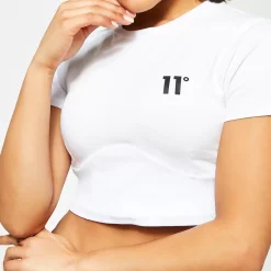 11 Degrees Womens Corset Cover Stitch Cropped Short Sleeve T-Shirt – White