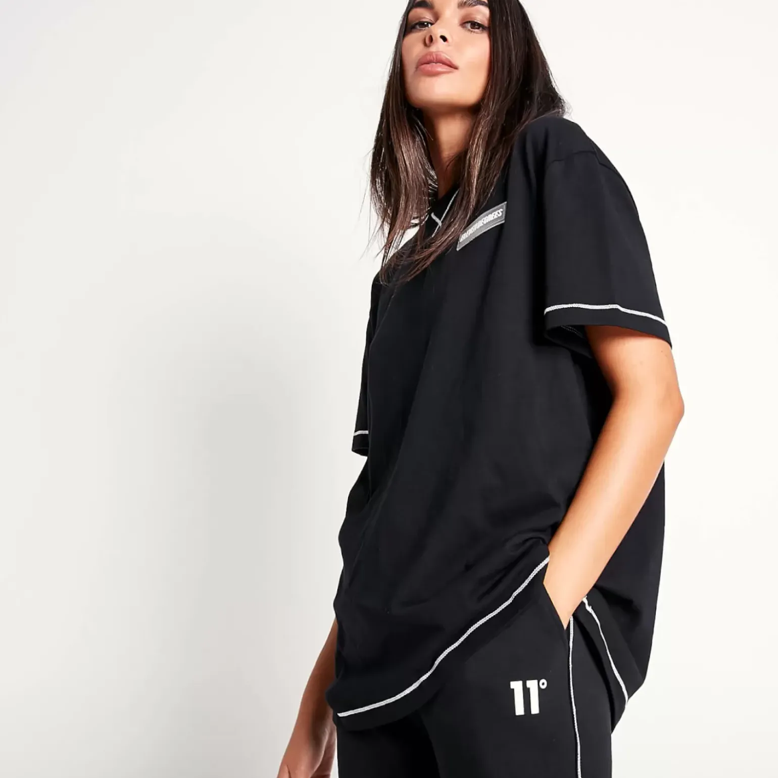 11 Degrees Womens Cover Stitch Oversized T-Shirt – Black / White
