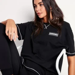 11 Degrees Womens Cover Stitch Oversized T-Shirt – Black / White