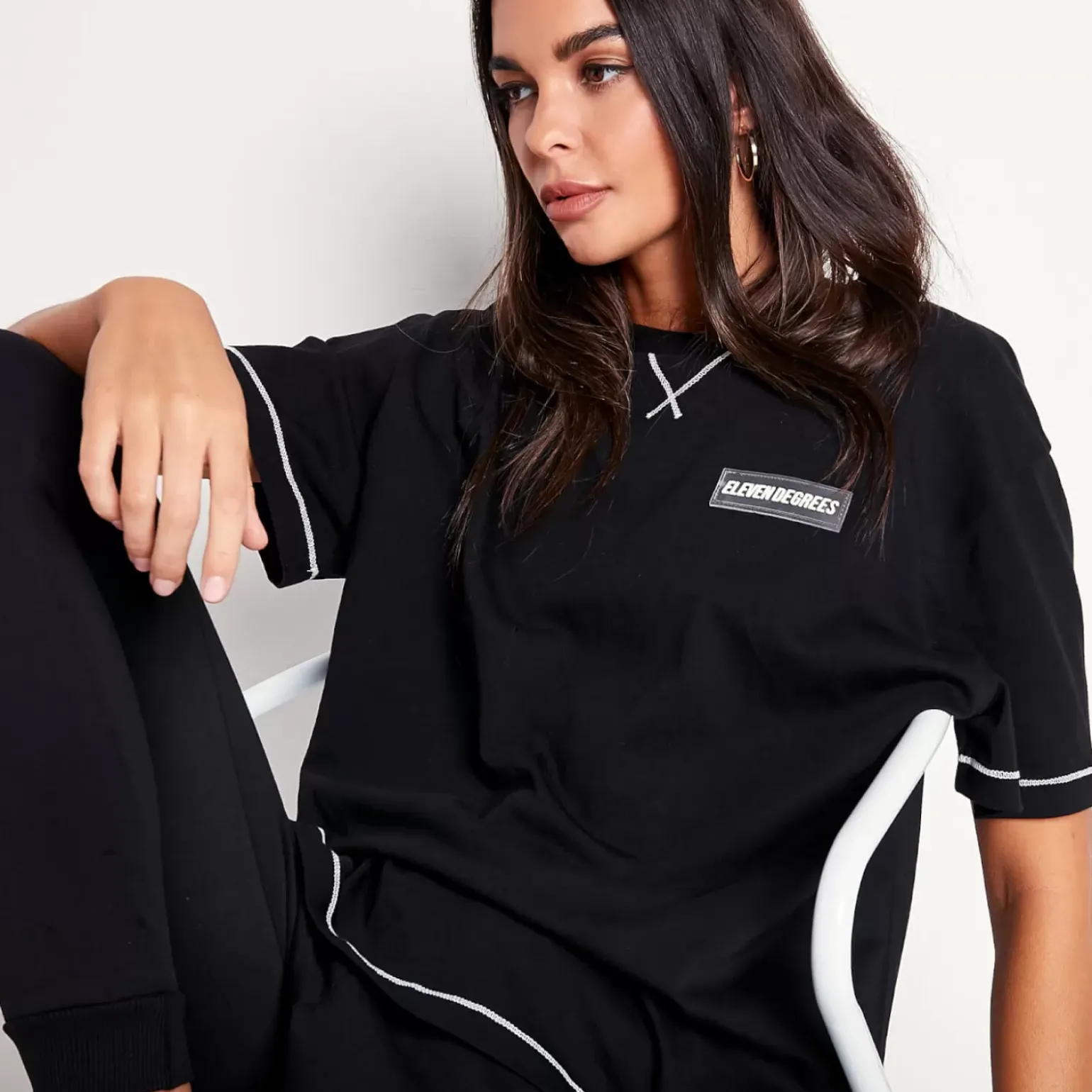11 Degrees Womens Cover Stitch Oversized T-Shirt – Black / White