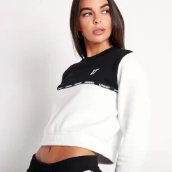 11 Degrees Womens Cropped Cut And Sew Sweatshirt – White / Black