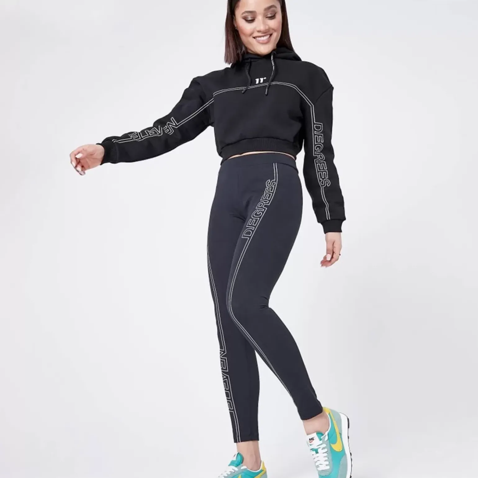 11 Degrees Womens Cropped Graphic Pullover Hoodie – Black