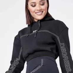 11 Degrees Womens Cropped Graphic Pullover Hoodie – Black
