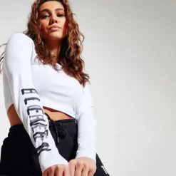 11 Degrees Womens Cropped Long Sleeve Graphic T-Shirt – White