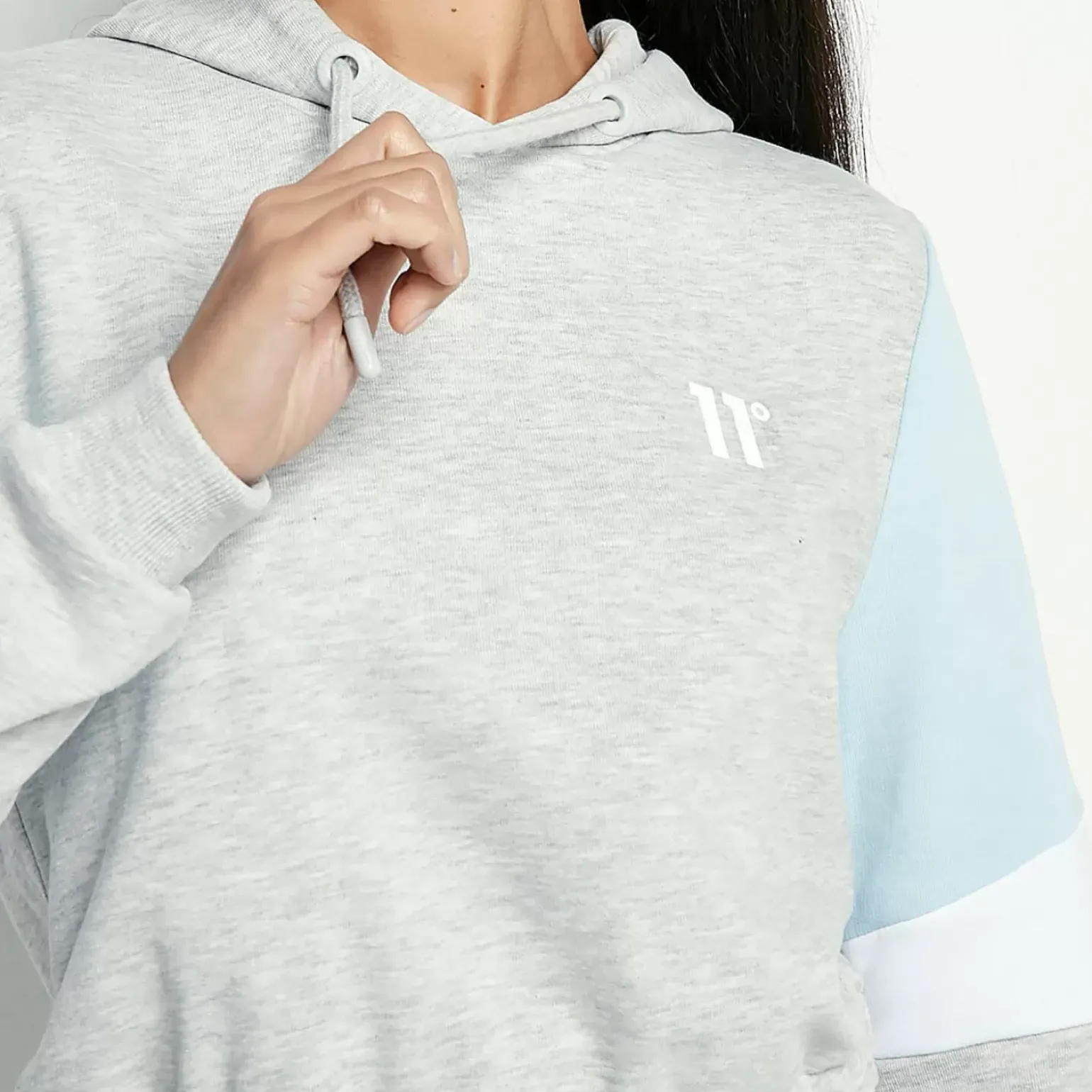 11 Degrees Womens Cropped Panel Pullover Hoodie – Grey Marl / Powder Blue /