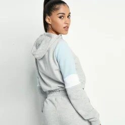 11 Degrees Womens Cropped Panel Pullover Hoodie – Grey Marl / Powder Blue /