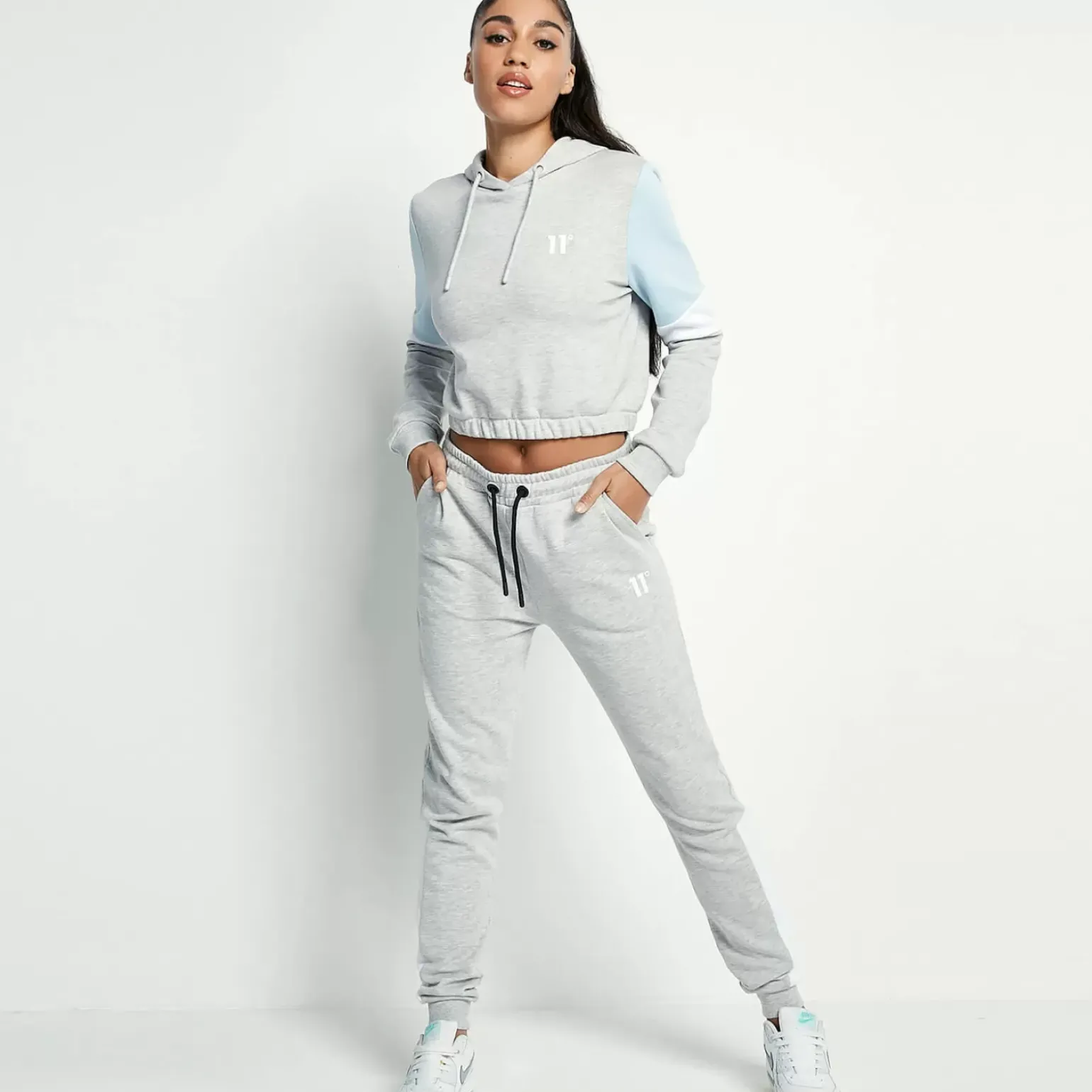 11 Degrees Womens Cropped Panel Pullover Hoodie – Grey Marl / Powder Blue /