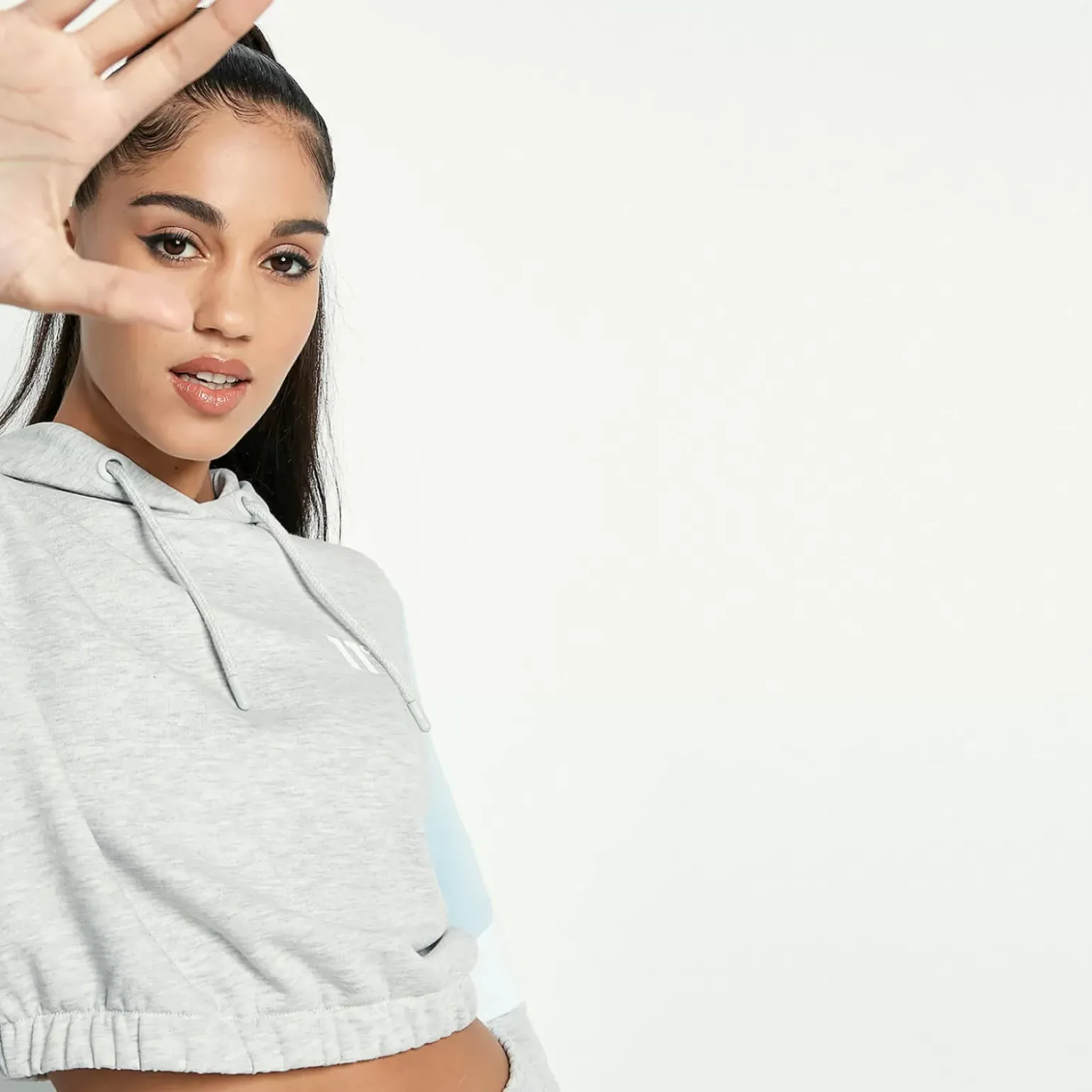 11 Degrees Womens Cropped Panel Pullover Hoodie – Grey Marl / Powder Blue /