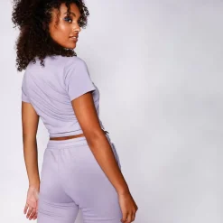 11 Degrees Womens Cropped Ruched Slim Fit T-Shirt – Lavender Grey