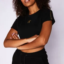 11 Degrees Womens Cropped Slim Fit Mesh Insert T-Shirt – Black / Gold