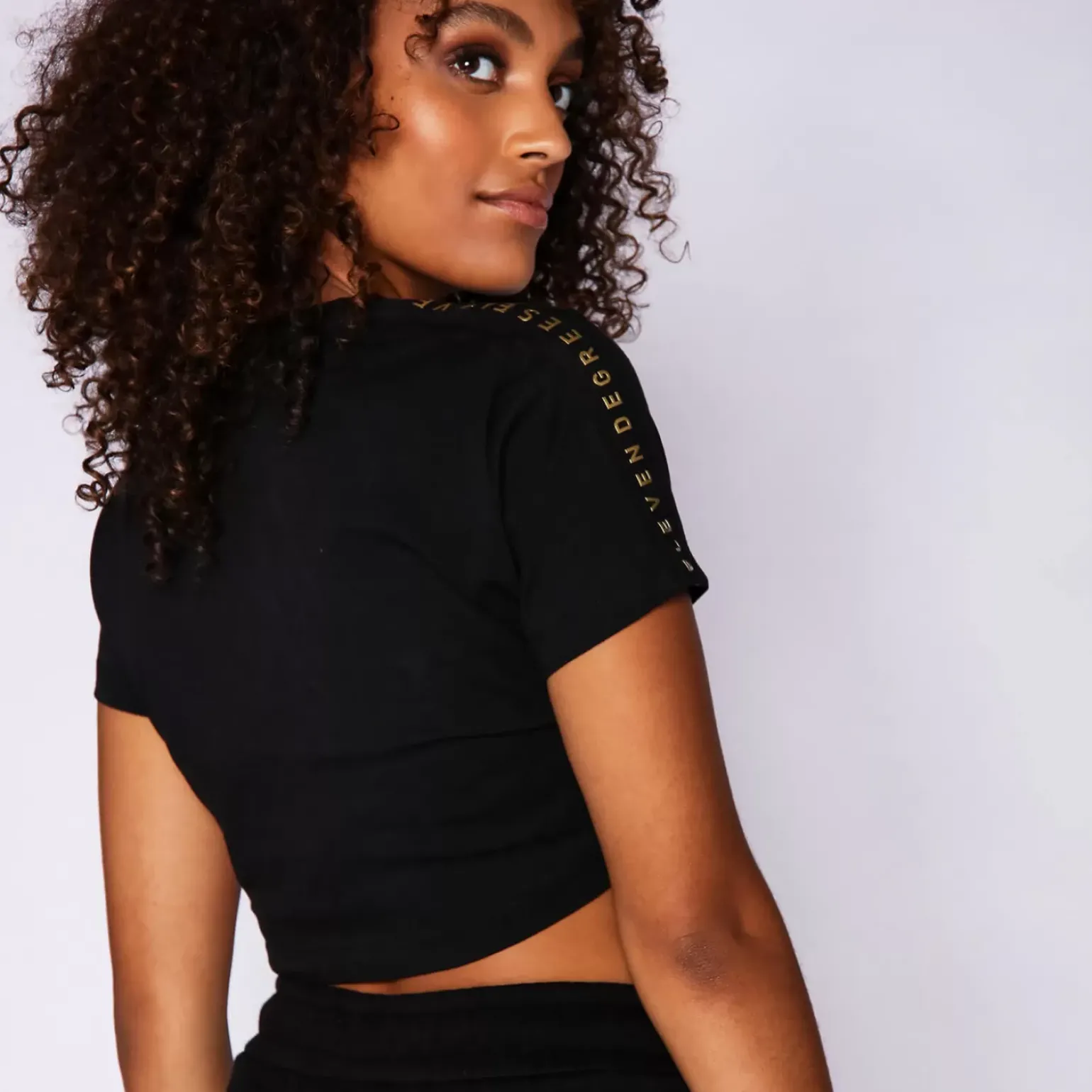 11 Degrees Womens Cropped Slim Fit Mesh Insert T-Shirt – Black / Gold