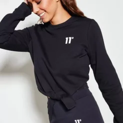 11 Degrees Womens Cropped Tie Front Graphic Sweatshirt – Black