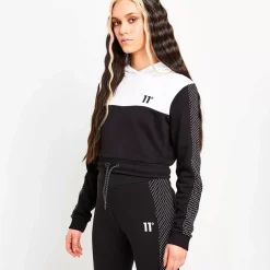 11 Degrees Womens Mesh Cut And Sew Cropped Pullover Hoodie – Black / White
