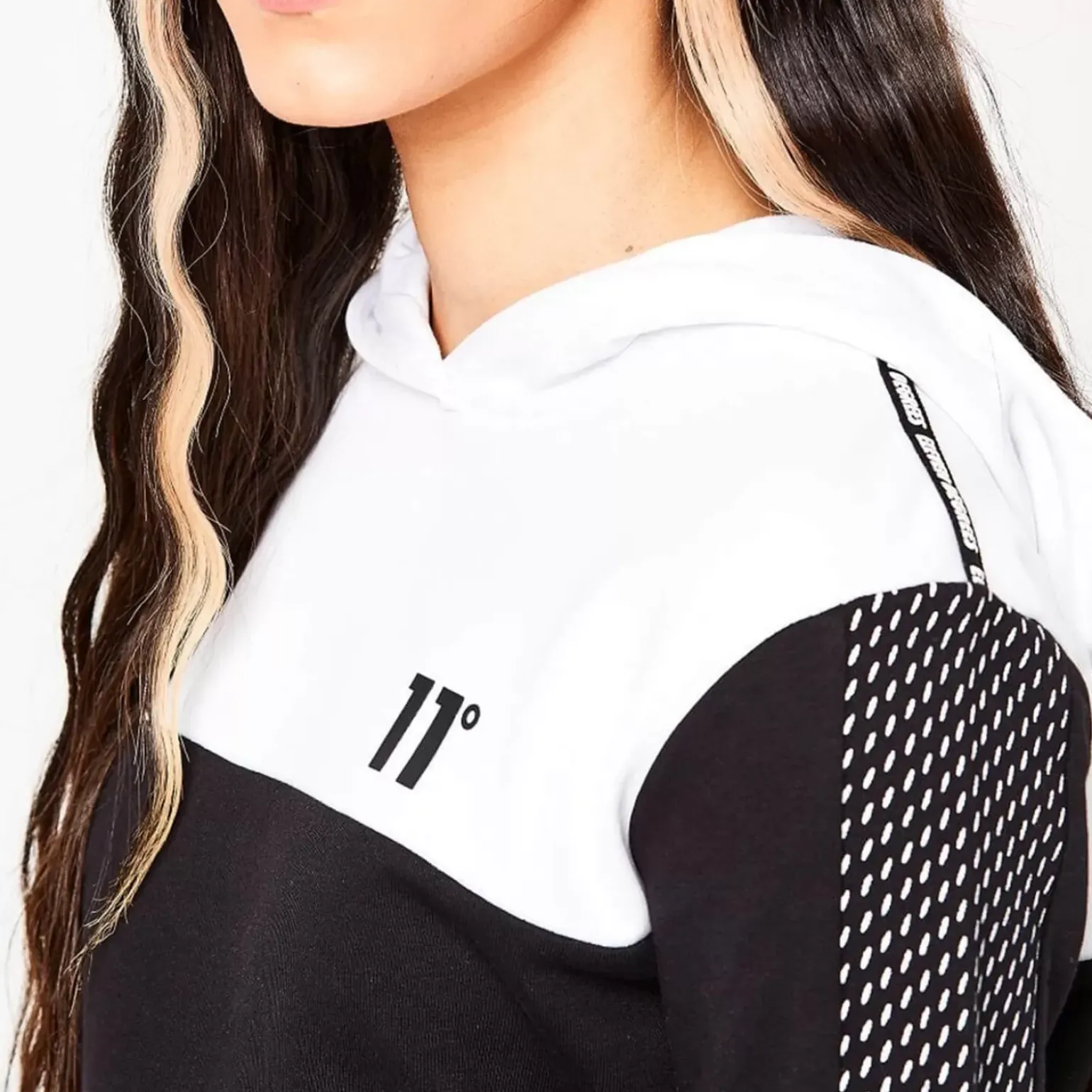 11 Degrees Womens Mesh Cut And Sew Cropped Pullover Hoodie – Black / White