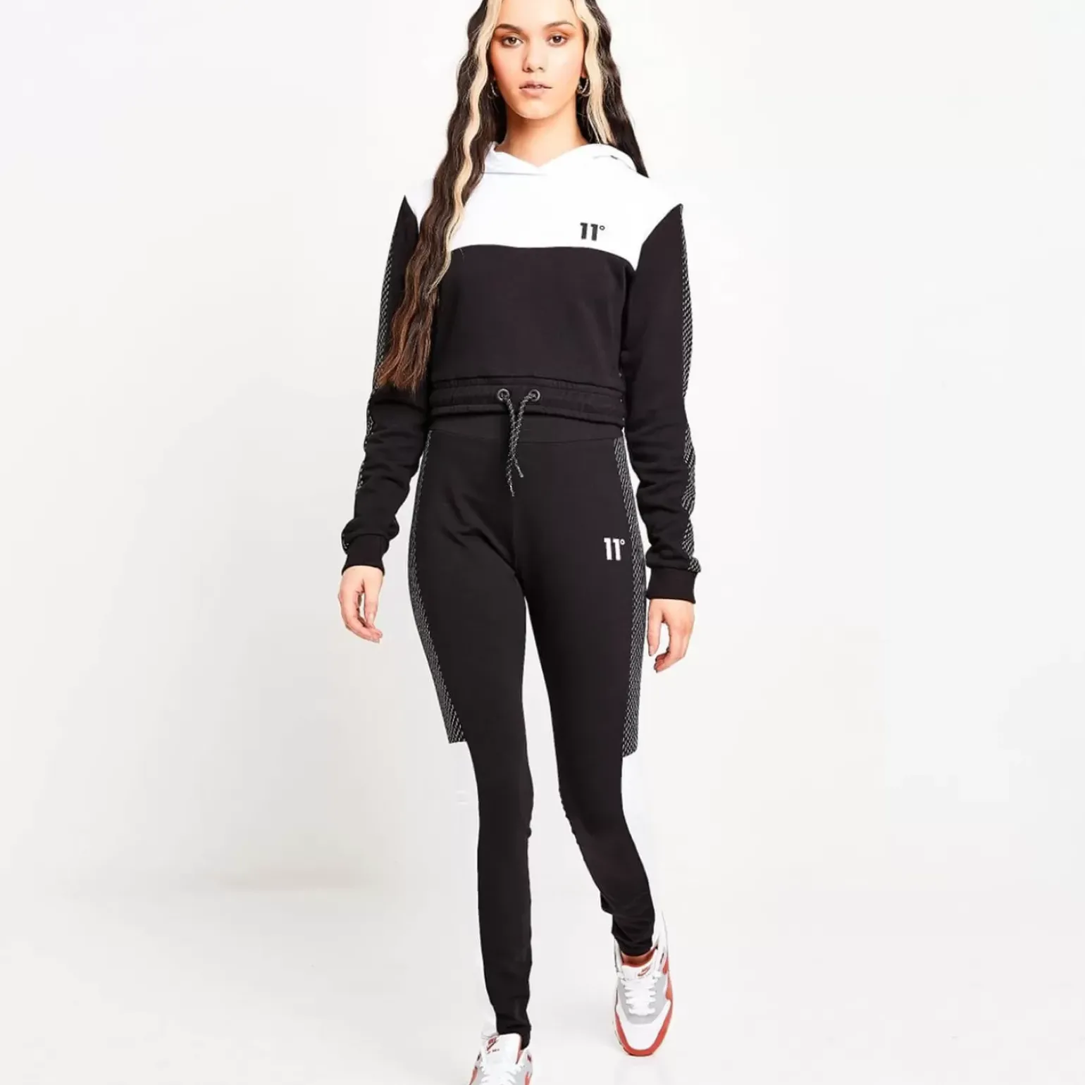 11 Degrees Womens Mesh Cut And Sew Cropped Pullover Hoodie – Black / White
