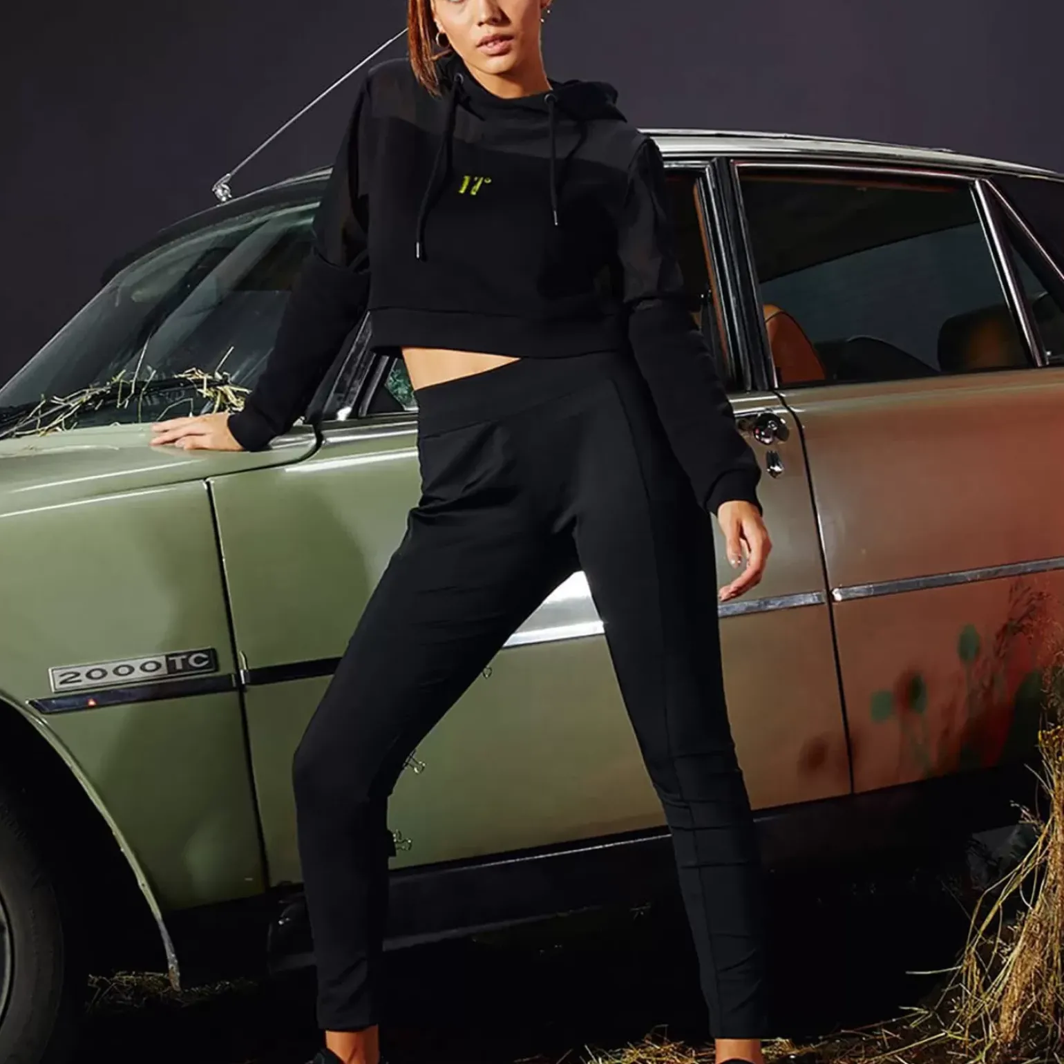 11 Degrees Womens Opal Cropped Mesh Insert Hoodie – Black