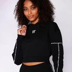 11 Degrees Womens Piping Detail Cropped Hoodie – Black