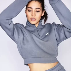 11 Degrees Womens Signature Quarter Zip Cropped Tape Sweatshirt – Shadow Grey