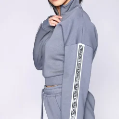 11 Degrees Womens Signature Quarter Zip Cropped Tape Sweatshirt – Shadow Grey