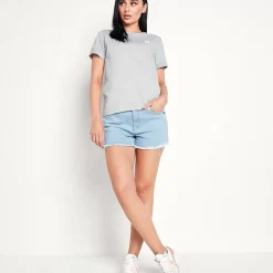 11 Degrees Womens Sustainable High Waisted Raw Hem Denim Shorts – Light Blue Wash