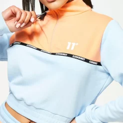 11 Degrees Womens Taped Colour Block Cropped Quarter-Zip Sweatshirt – Baby Blue / Coral