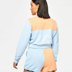 11 Degrees Womens Taped Colour Block Cropped Quarter-Zip Sweatshirt – Baby Blue / Coral